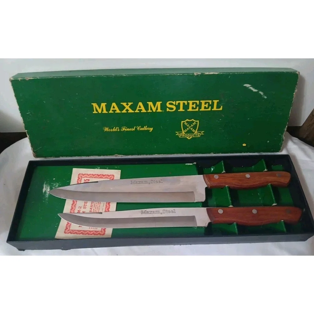 Vtg Maxam Steel Kitchen Knife Box Set Carving Chef's Meat Wood Handle 8